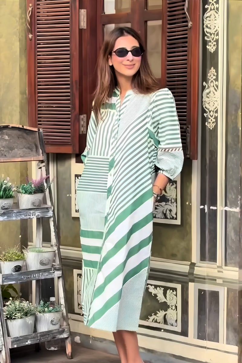 Myra Green Striped Midi Dress — ROHO