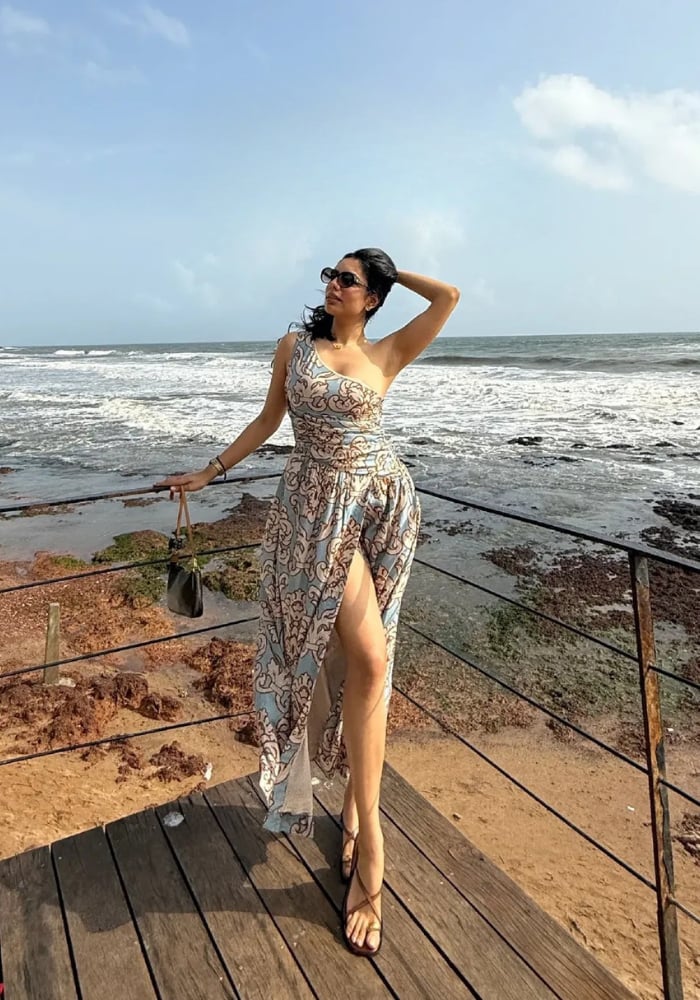 Blue One-Shoulder Printed Midi Dress with Side Cut-Out — Style Island