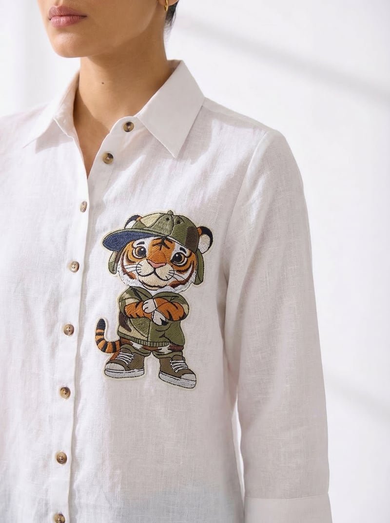 White Linen Relaxed-Fit Shirt with Chest Embroidery