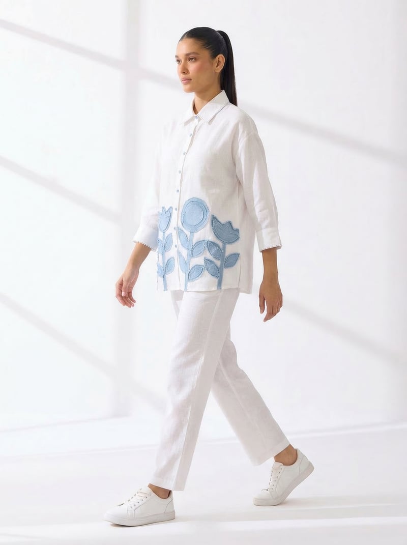 White Linen Shirt with Blue Floral Applique
