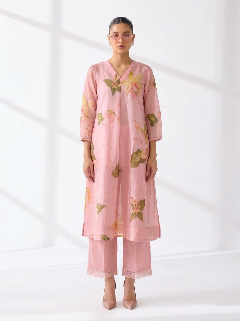 Pink Floral Kota Co-ord Set with Pants and Slip — Ganga Fashions Pvt Ltd