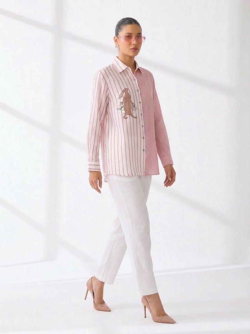 Pink Striped Linen Relaxed-Fit Button-Down Shirt