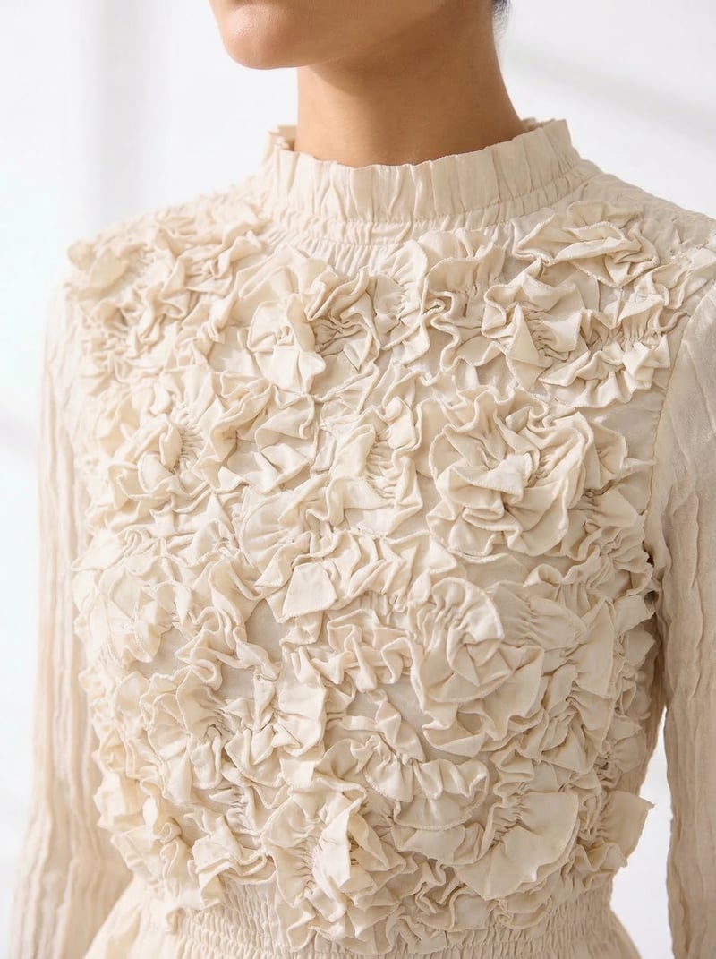 Ivory 3D Floral Applique High-Neck Peplum Top