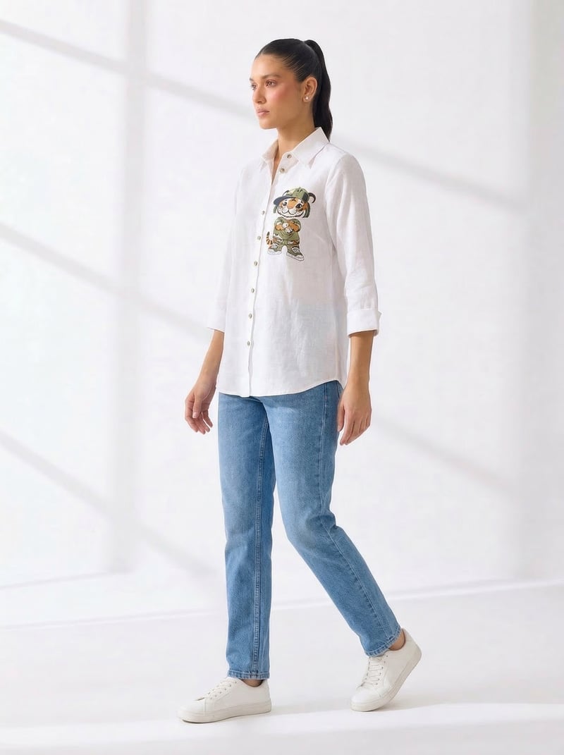 White Linen Relaxed-Fit Shirt with Chest Embroidery