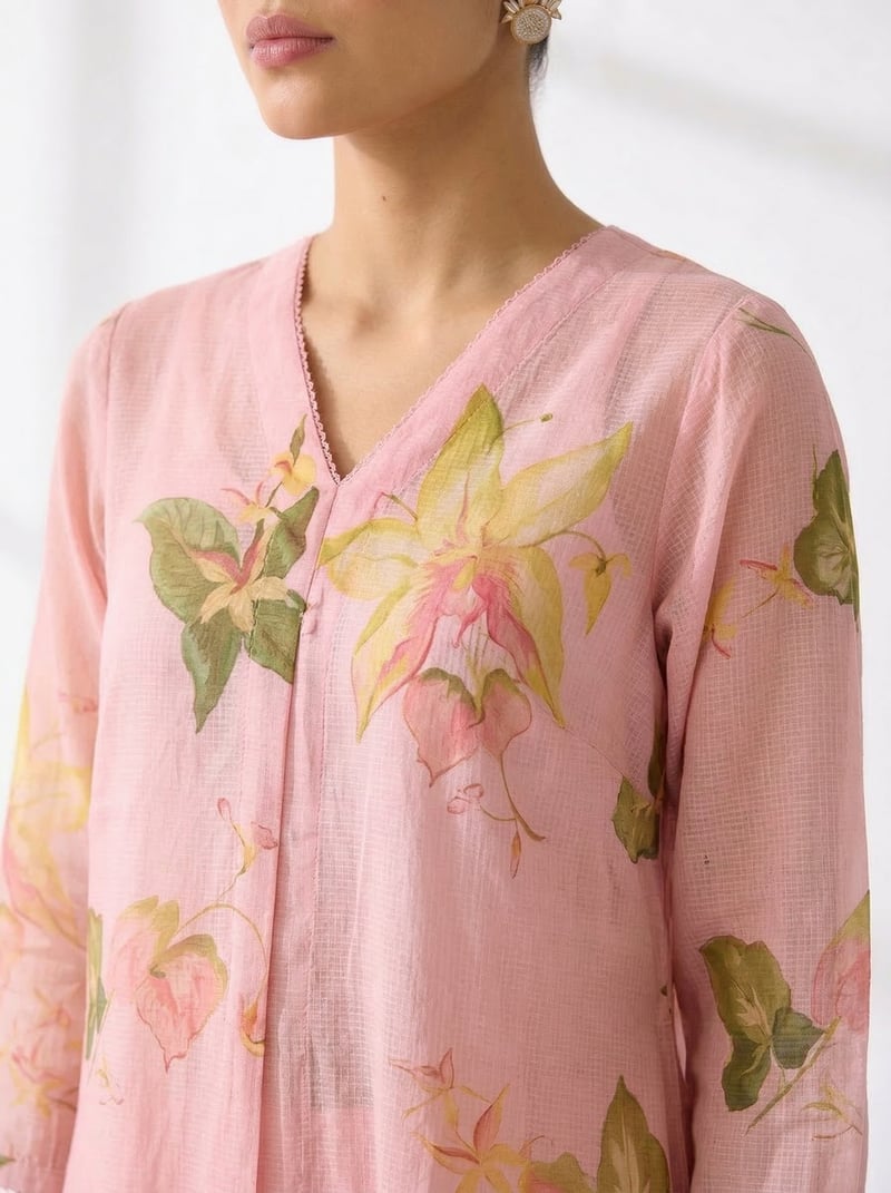 Pink Floral Kota Co-ord Set with Pants and Slip