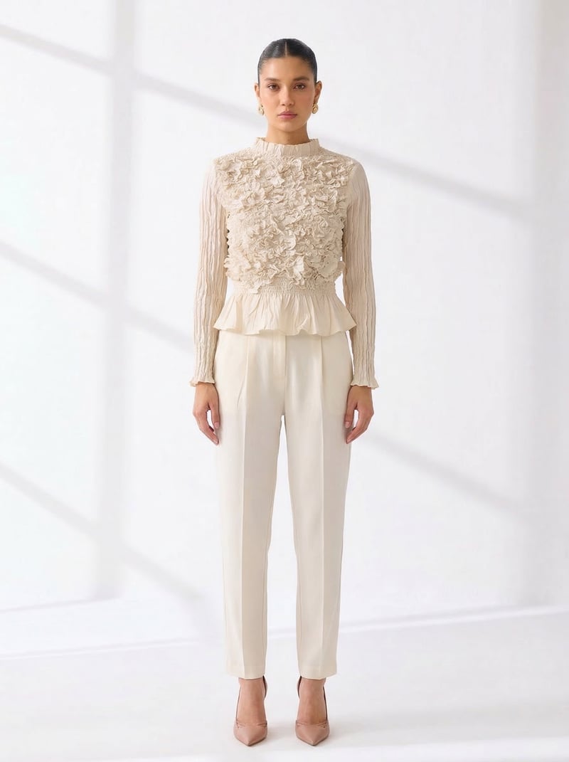 Ivory 3D Floral Applique High-Neck Peplum Top — Pleats by Aruni