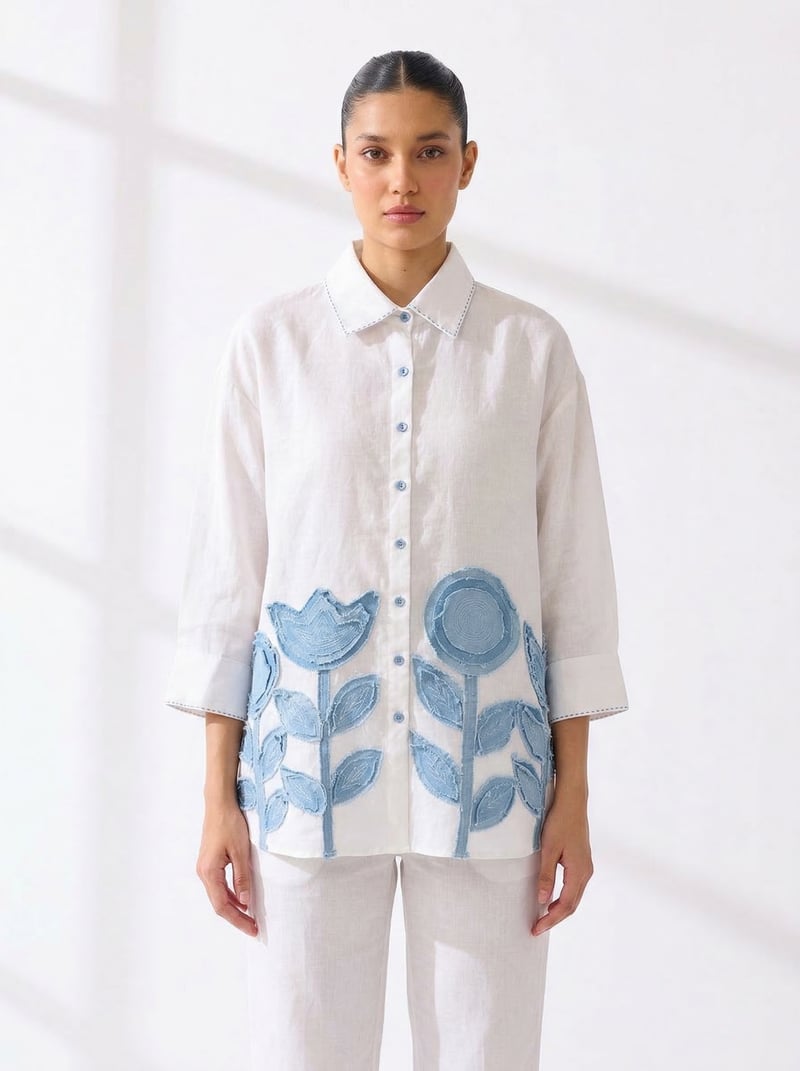 White Linen Shirt with Blue Floral Applique — Linen Bloom