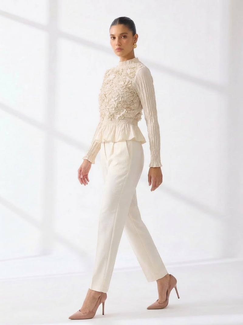 Ivory 3D Floral Applique High-Neck Peplum Top