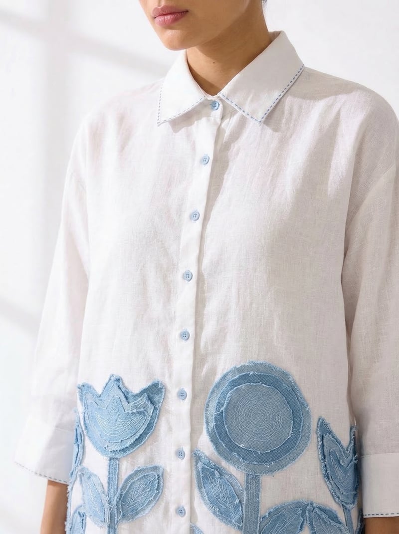 White Linen Shirt with Blue Floral Applique