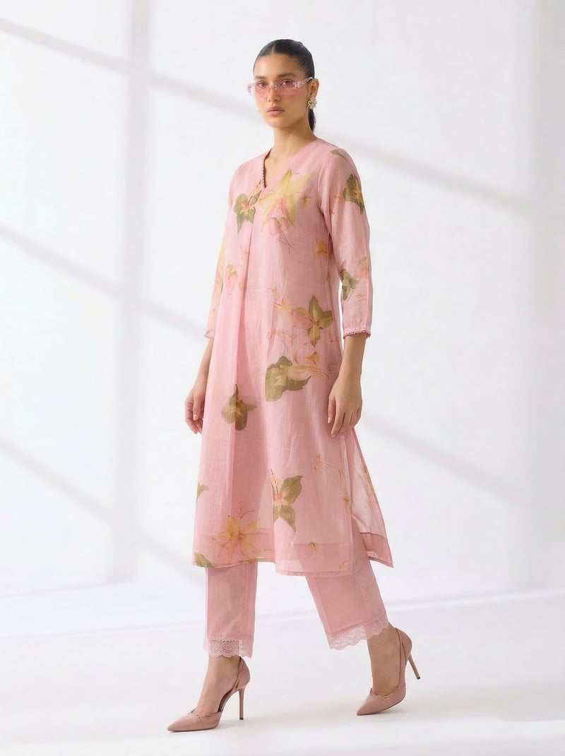 Pink Floral Kota Co-ord Set with Pants and Slip
