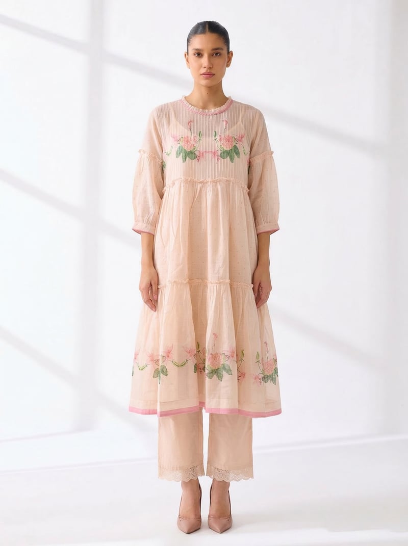 Peach Dust Kota Check Printed Co-ord Set with Slip — Ganga Fashions Pvt Ltd