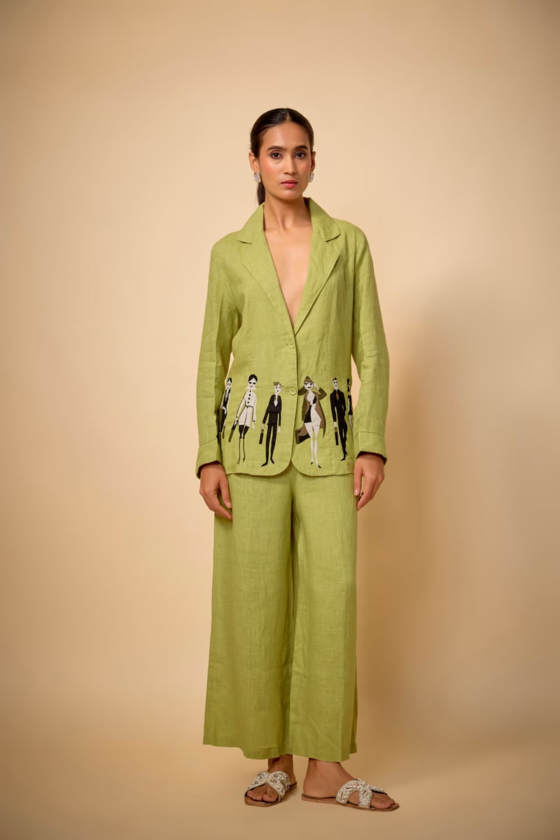Pista Green Linen Blazer with Hem Artwork