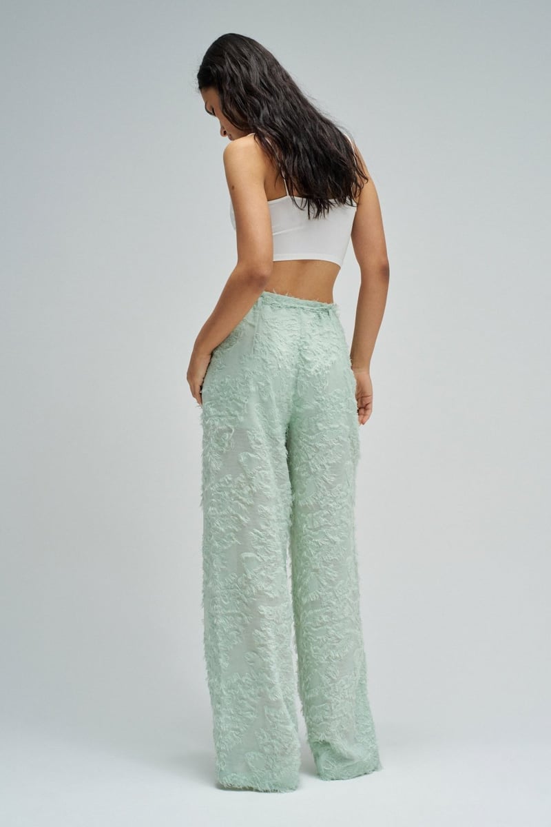 Light Green Textured Wide-Leg Drawstring Trousers