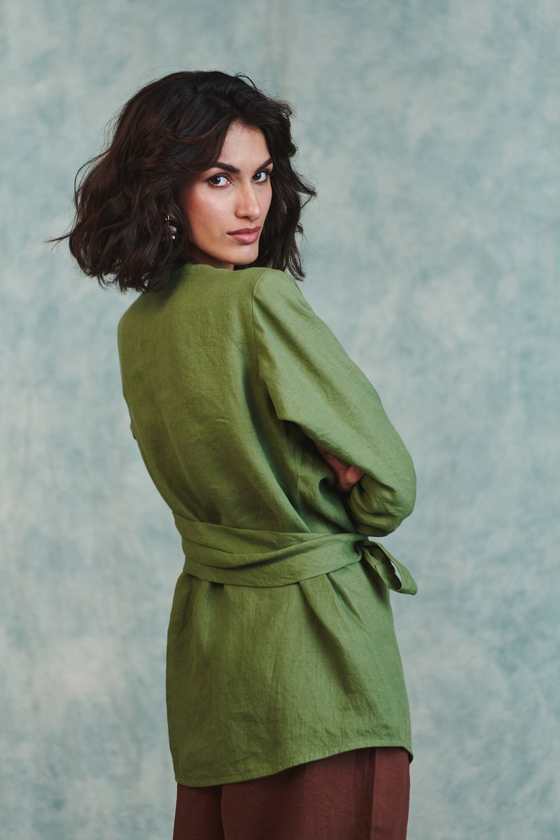 Moss Green Linen Wrap Top with Full Sleeves