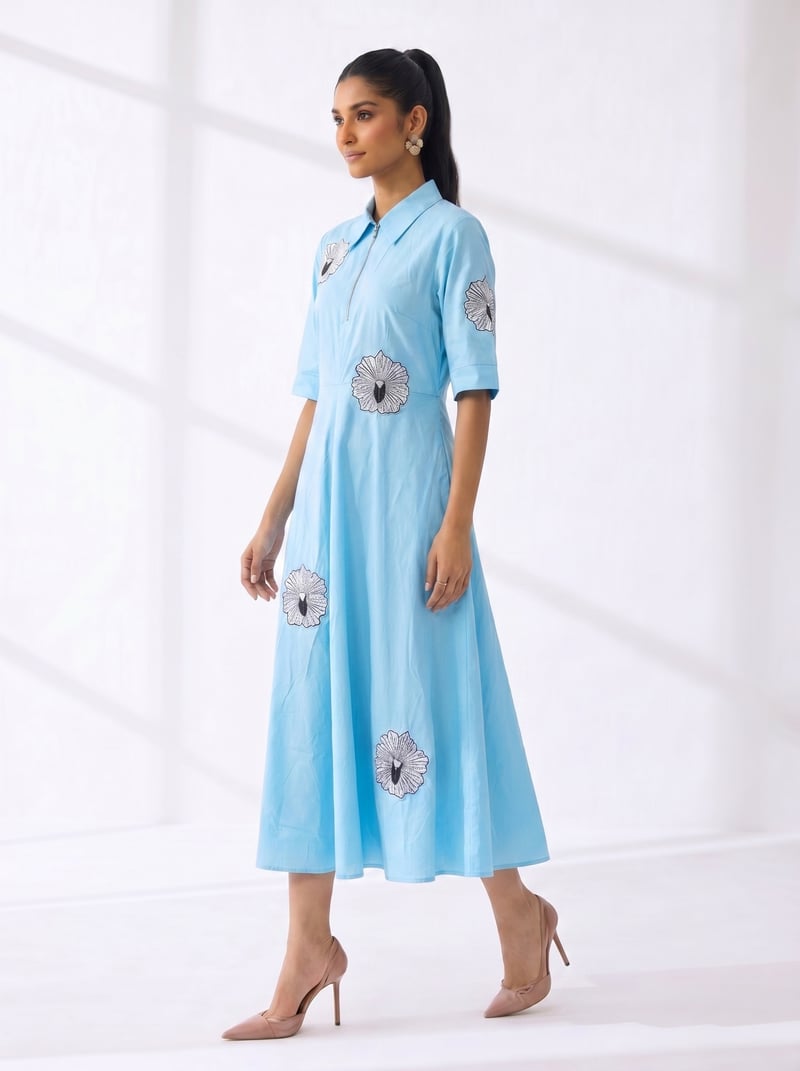 Sky Blue Cotton Midi Shirt Dress with Floral Motif Print