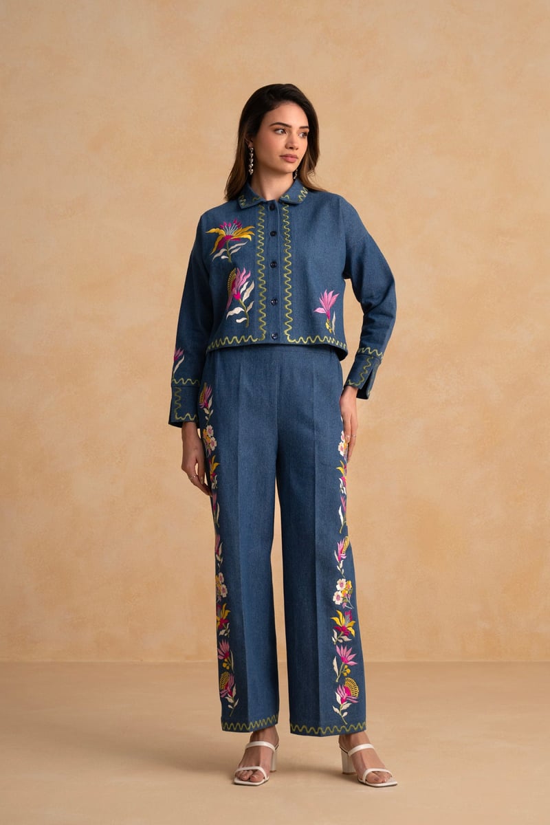 Indigo Blue Embroidered Denim Co-ord Set