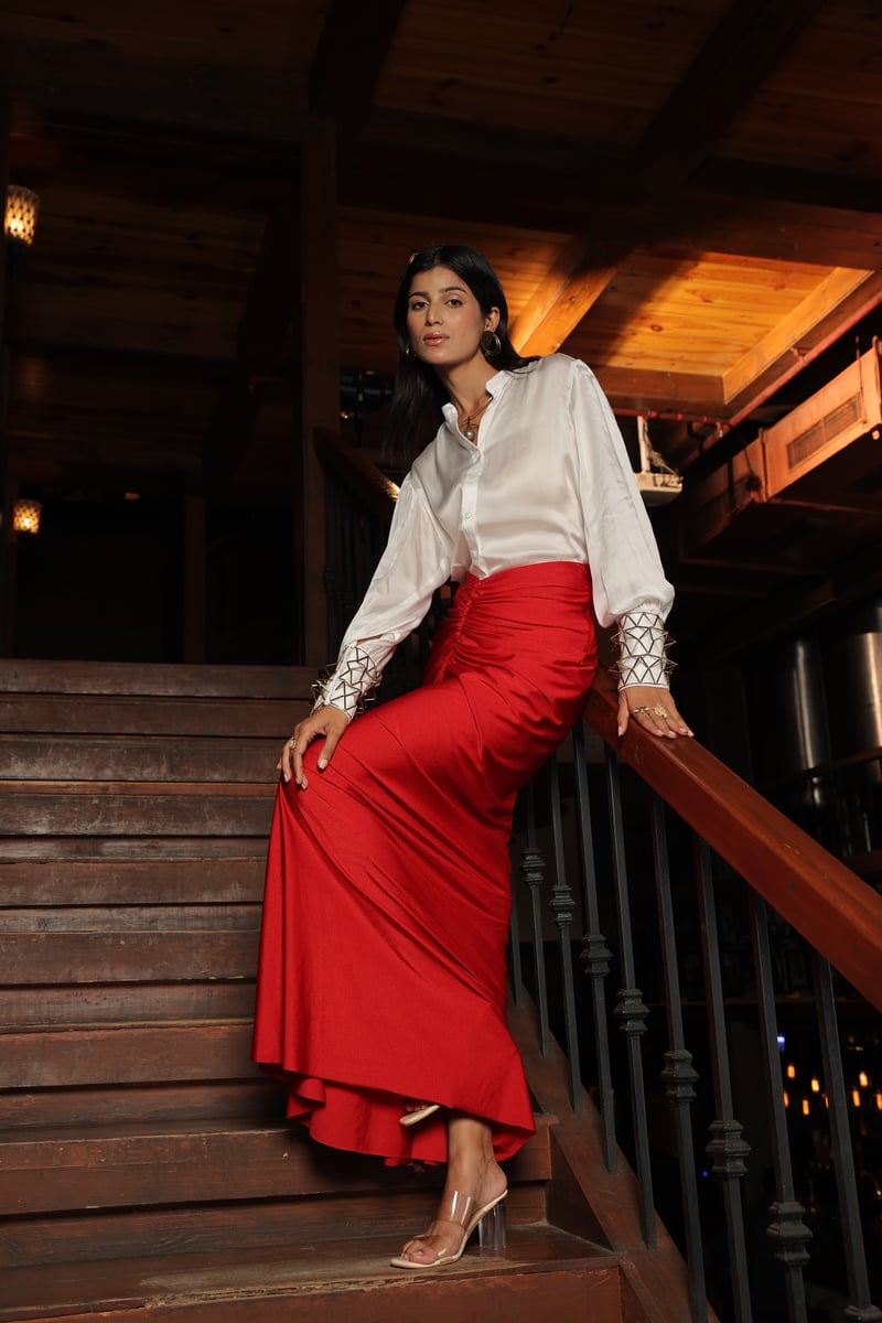 White Shirt and Red Midi Skirt Co-ord Set