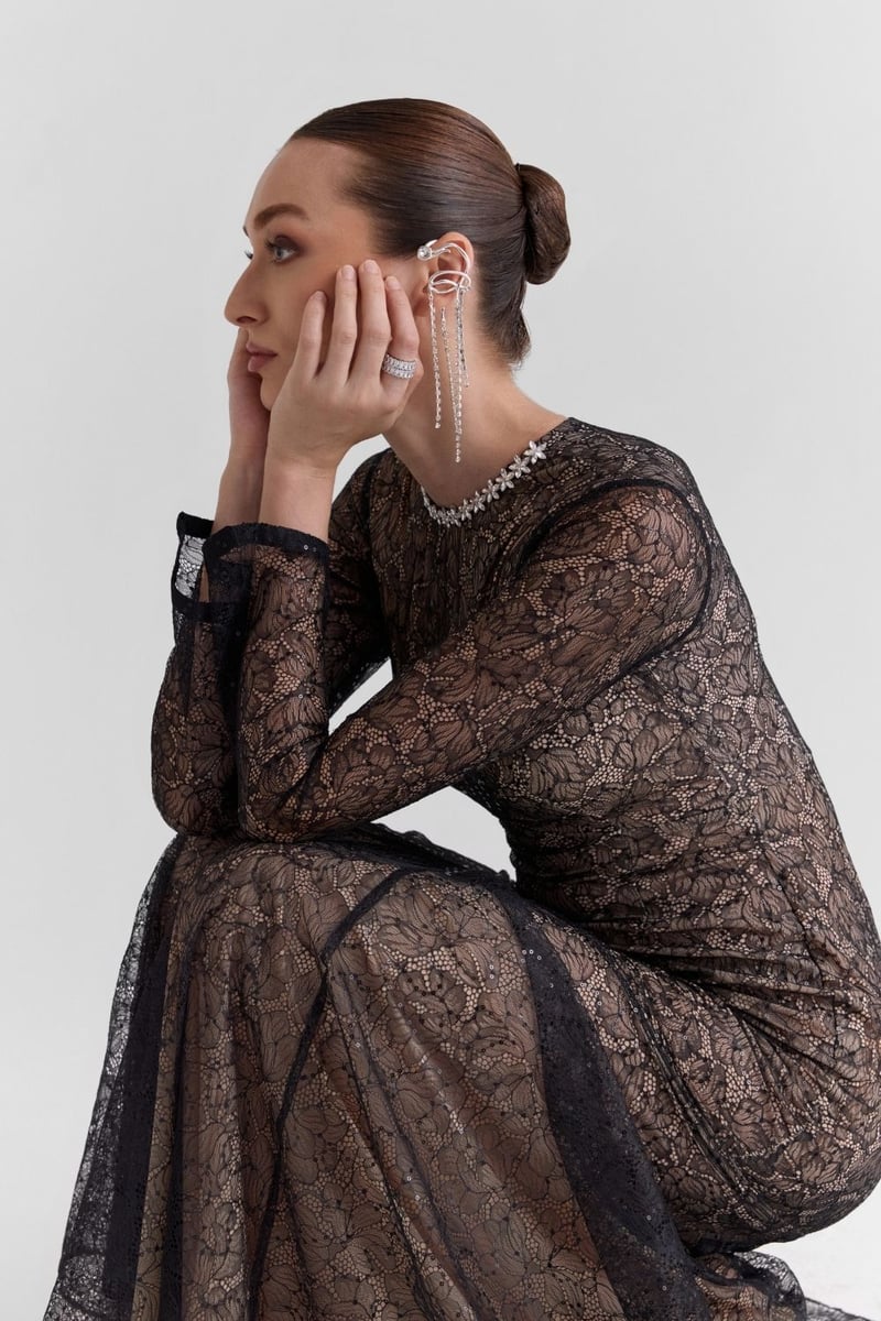 Black Lace Fit and Flare Maxi Dress with Full Sleeves