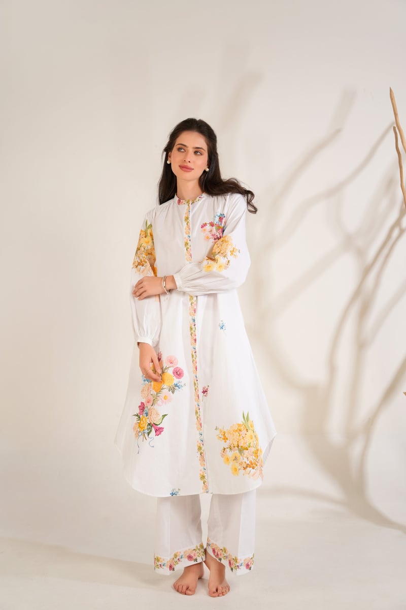 White Floral Printed Kurta and Trouser Set