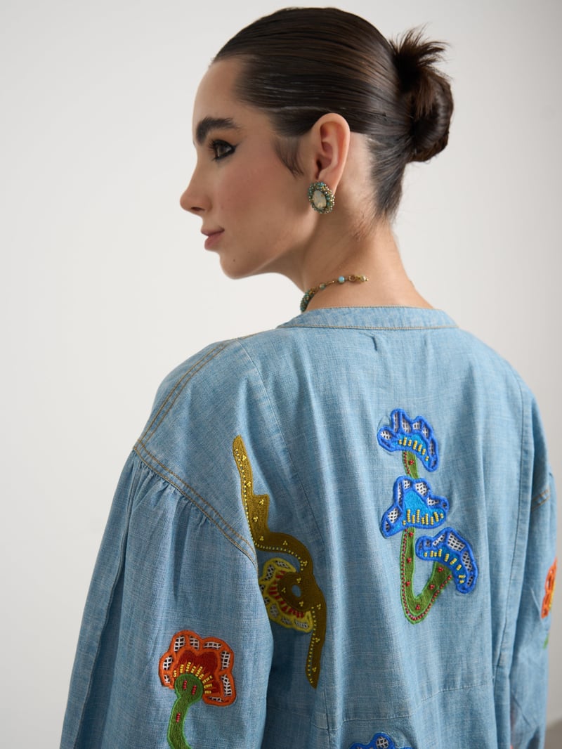 Blue Chambray Straight Knee-Length Dress with Patchwork Motifs