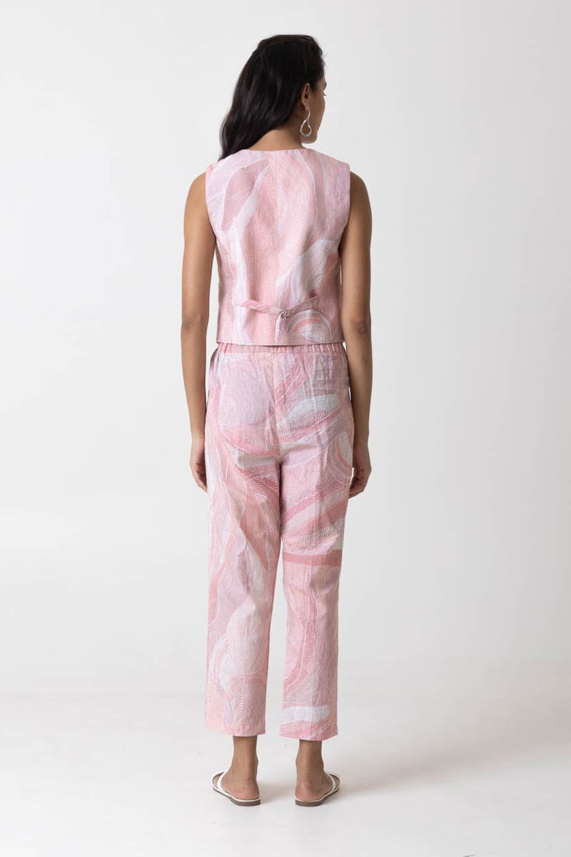 Pink Peach Printed Waistcoat and Trousers Co-ord Set