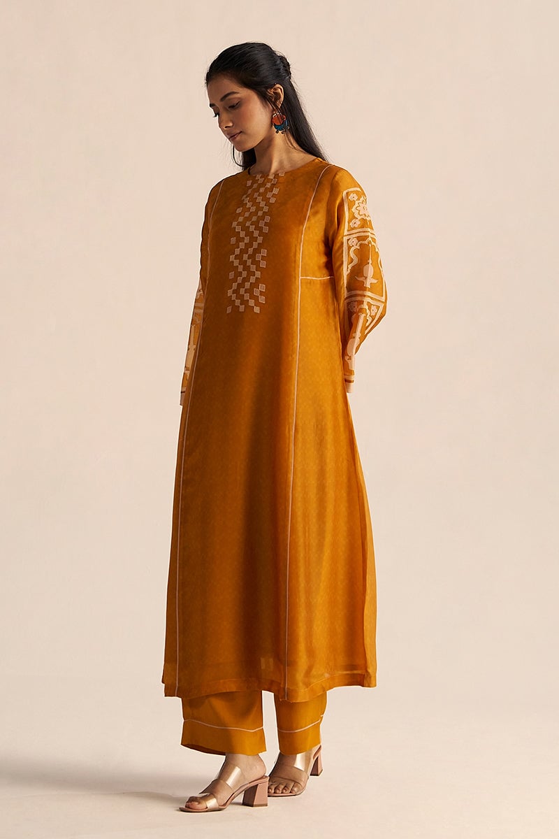 Nugget Yellow Silk Kurta and Wide-Leg Pants Co-ord Set