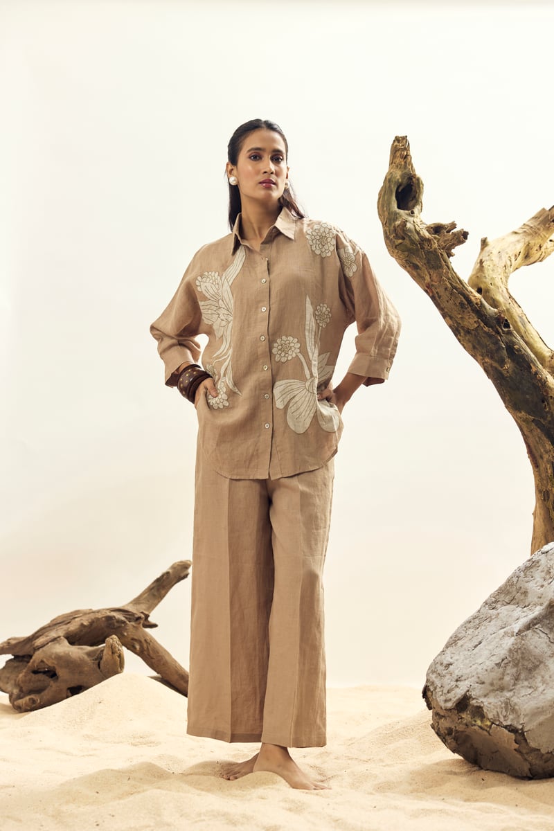 Khaki Linen Wide-Leg Trousers