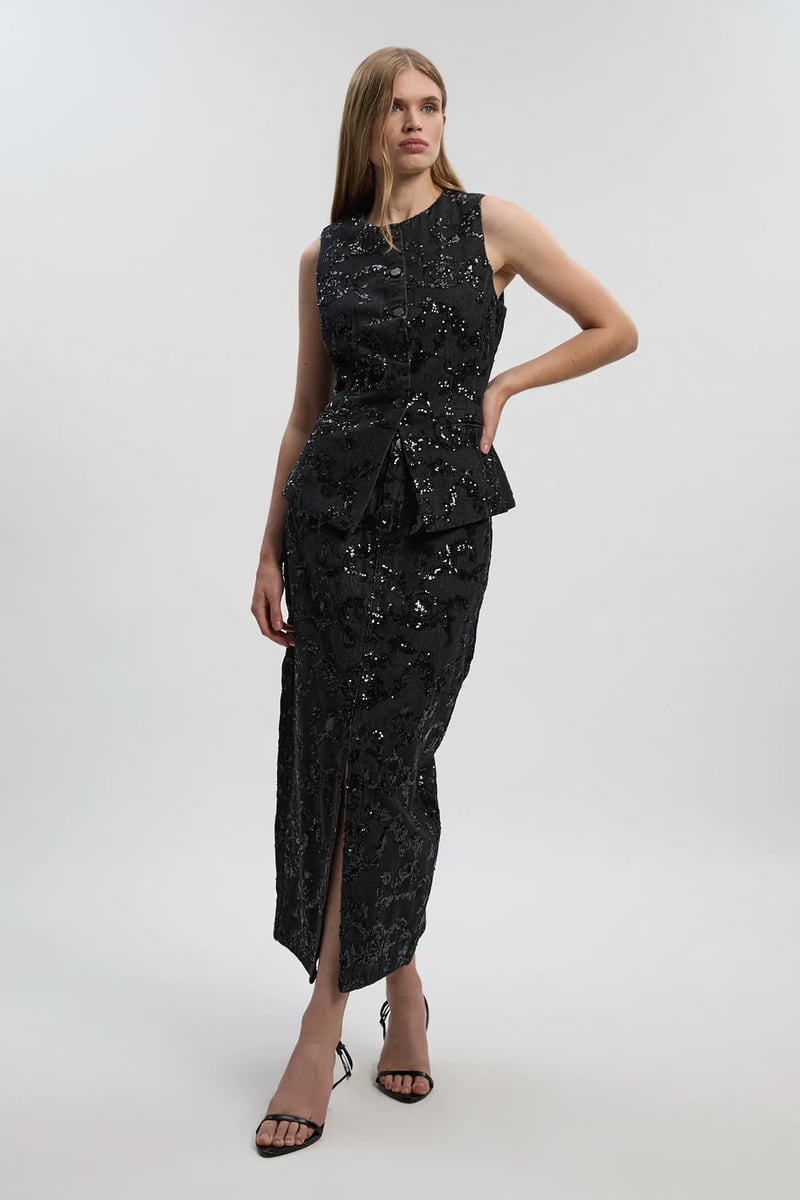 Black Sequin Floral Midi Pencil Skirt with Front Slit