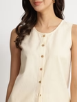 Linen Blend Solid Sleeveless Shirt - Beige