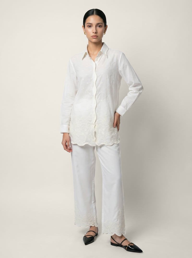 White Schiffli Shirt and Wide-Leg Pants Co-ord Set