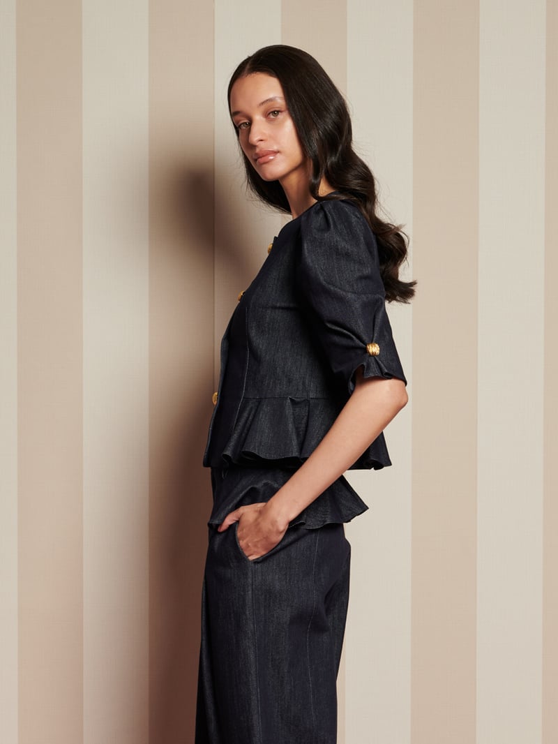 Dark Navy Denim Peplum Top with Gold Buttons