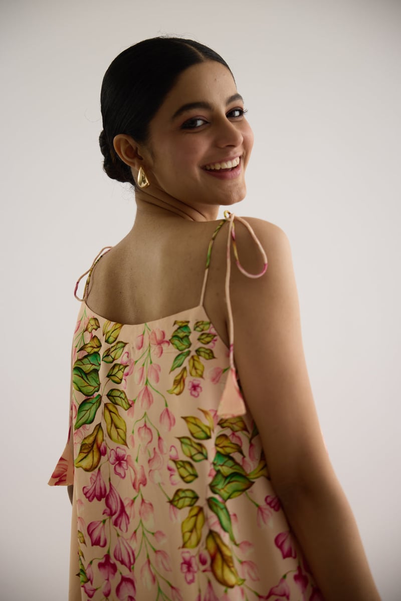 Peach Floral Printed Square Neck Midi Dress