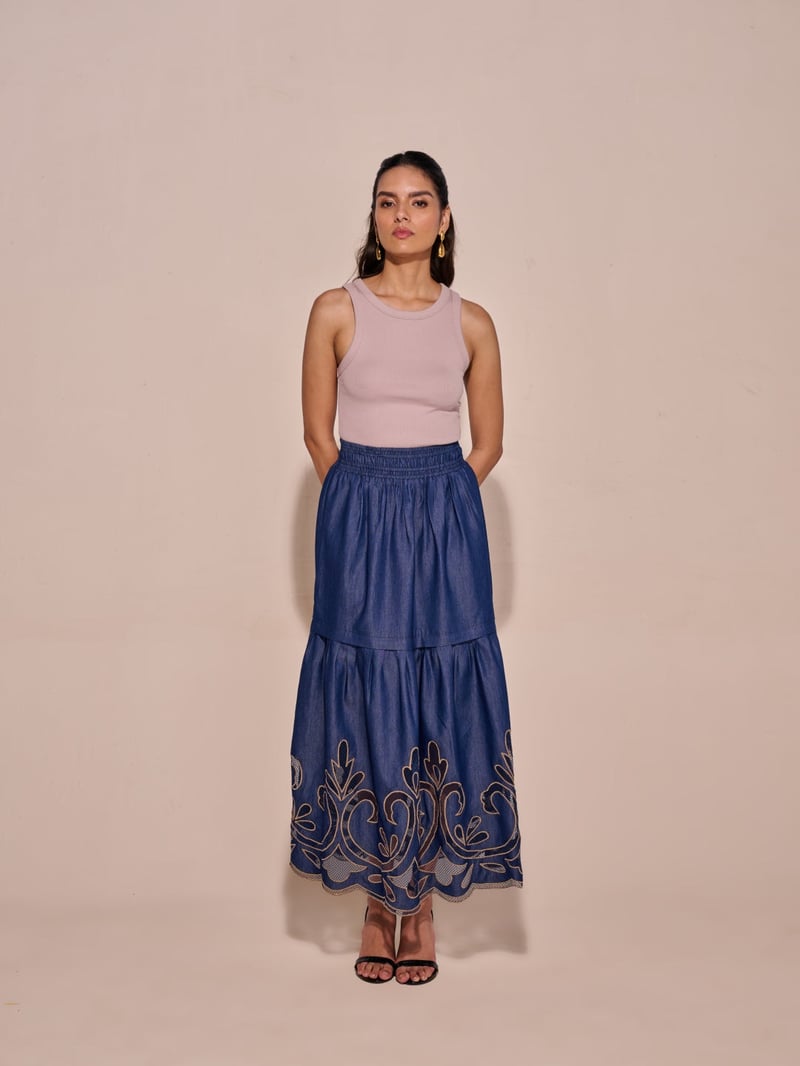 Blue Denim Tiered Midi Skirt with Cutwork Hem