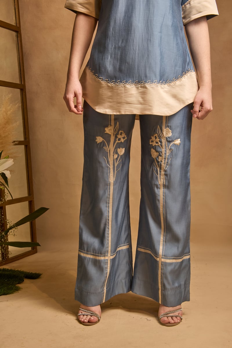 Blue and Cream Colorblocked Embroidered Co-ord Set