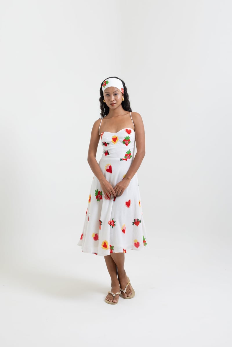 White Printed Fit and Flare Midi Dress with Sweetheart Neck