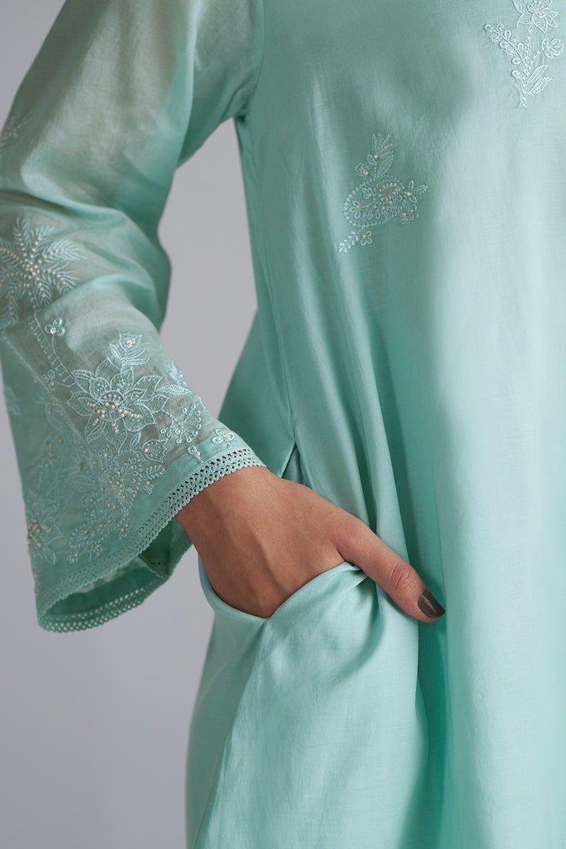 Dusky Aqua Mul-Mul Embroidered Kurta and Pant Co-ord Set