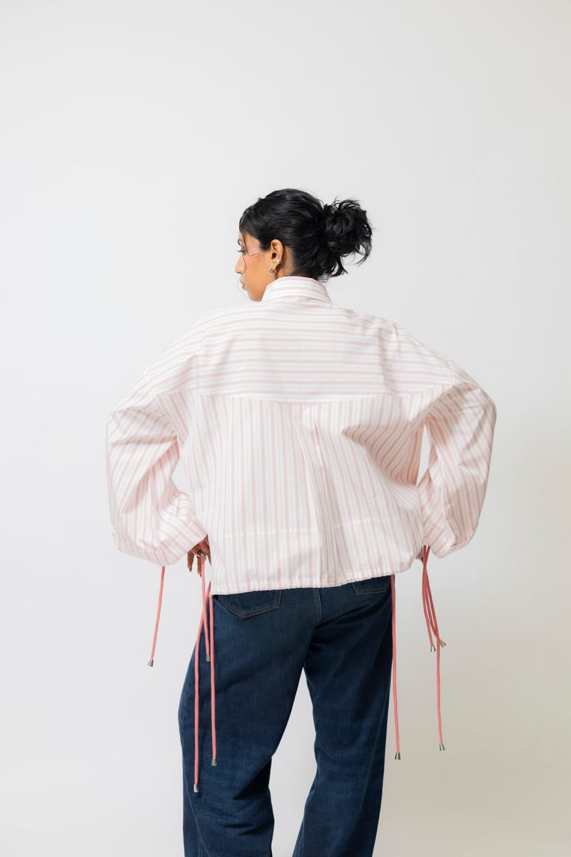 Oversized Balloon Sleeve Striped Cotton Shirt, White/Pink