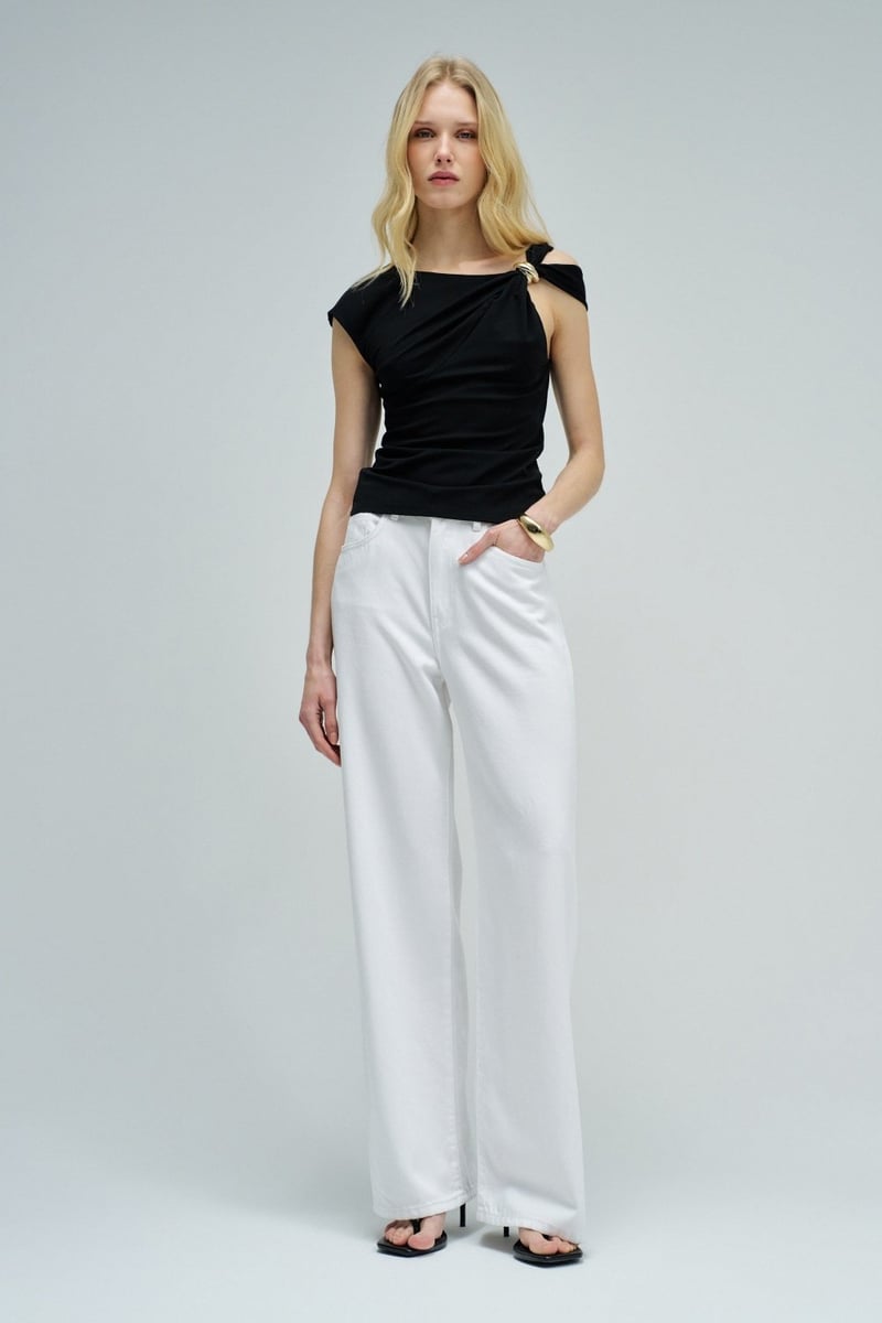 Black One-Shoulder Draped Top with Hardware Ring Detail