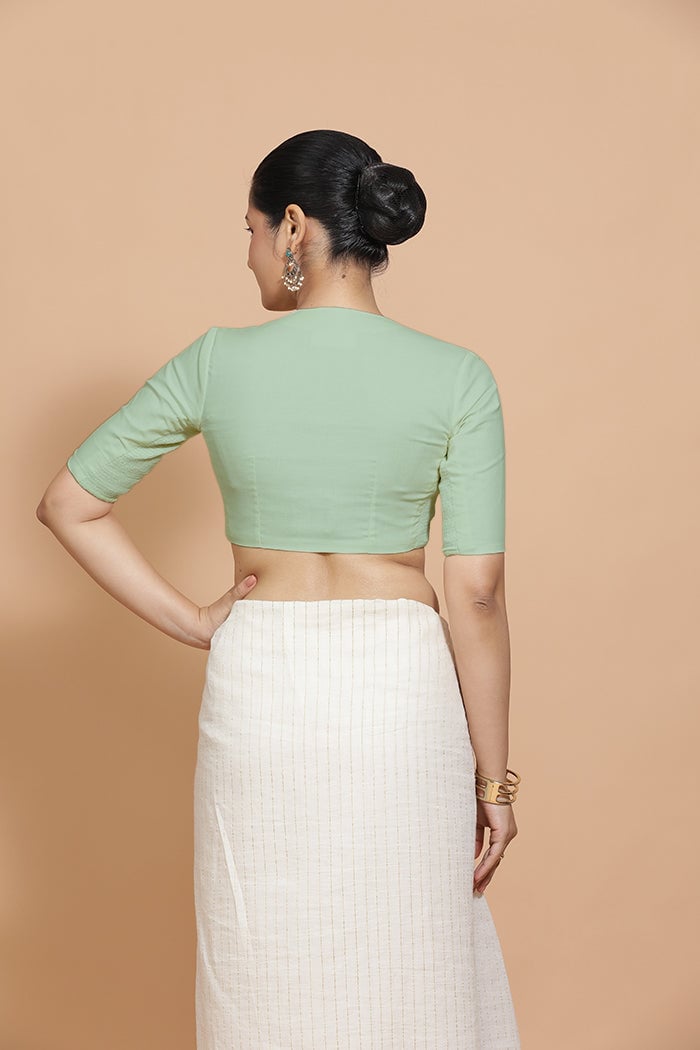 Light Sage Cotton Saree Blouse with Elbow Sleeves