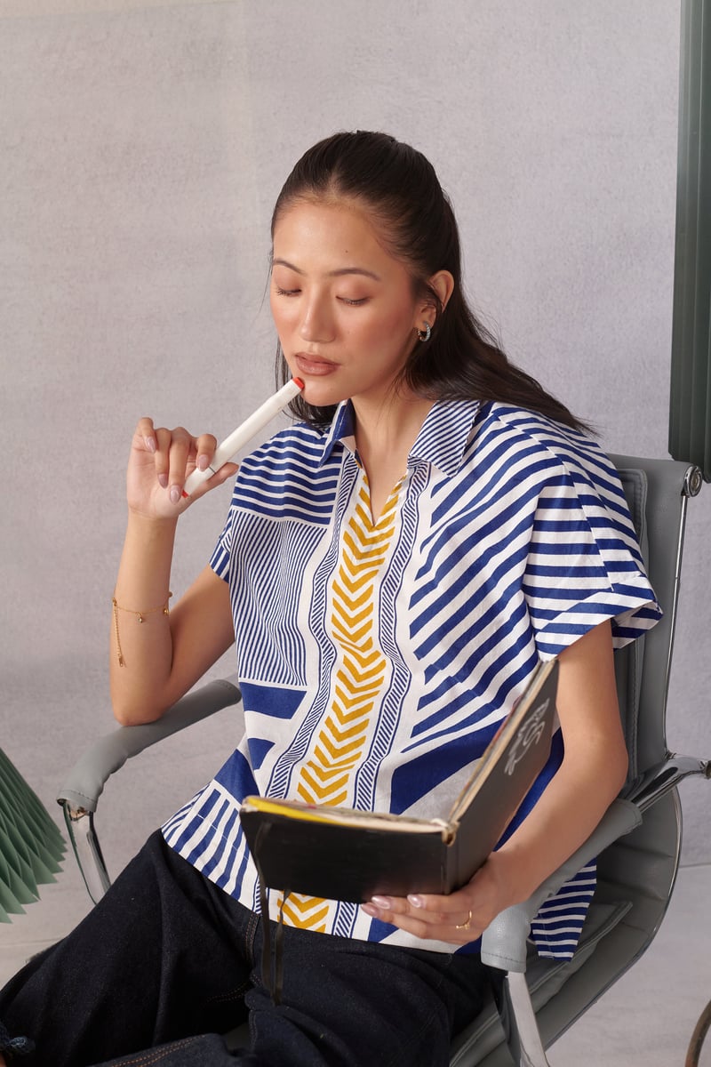 Blue and White Striped Boxy Cotton Top with Collar