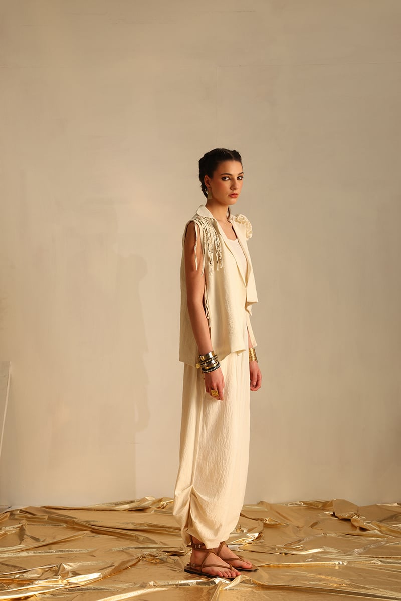 Off-White 3-Piece Vest and Wide-Leg Pants Co-ord Set