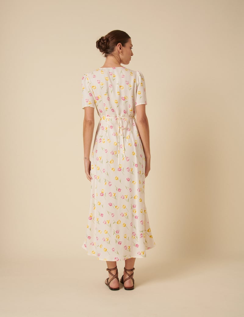 Cream Floral Wrap Midi Dress