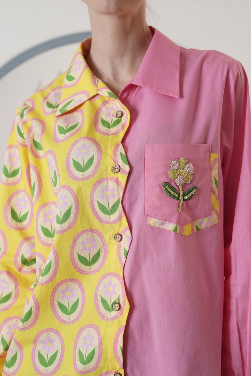 Yellow Pink Colorblock Floral Print Button-Down Shirt