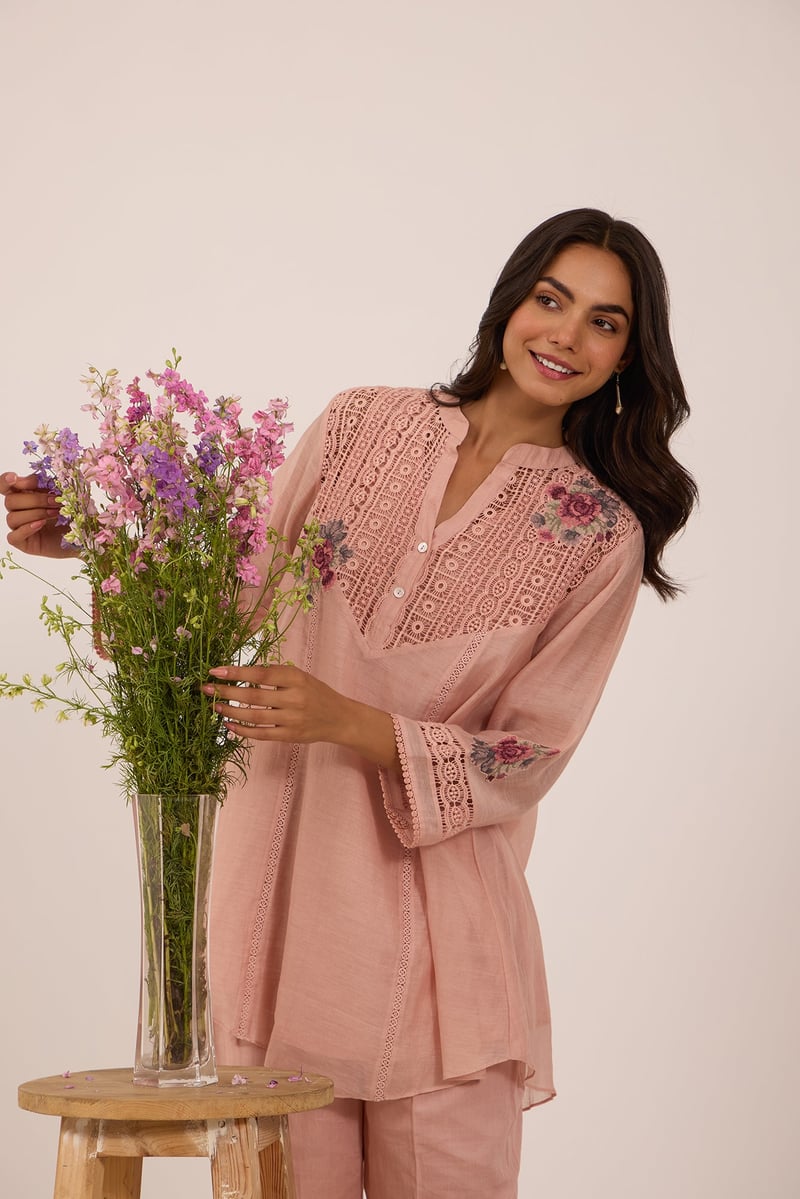 Pink Mul Chanderi Tunic and Straight Pant Co-ord Set