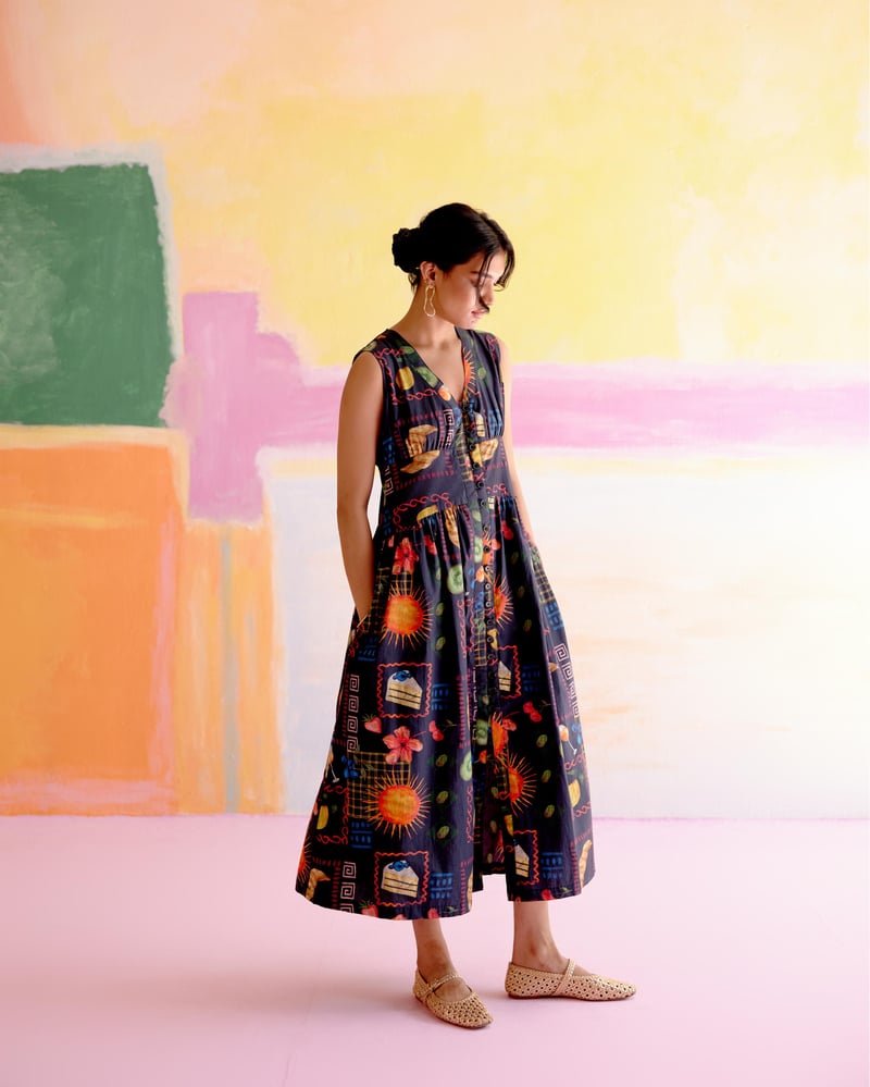 Multicolor Aloha Print Sleeveless Button-Front Midi Dress