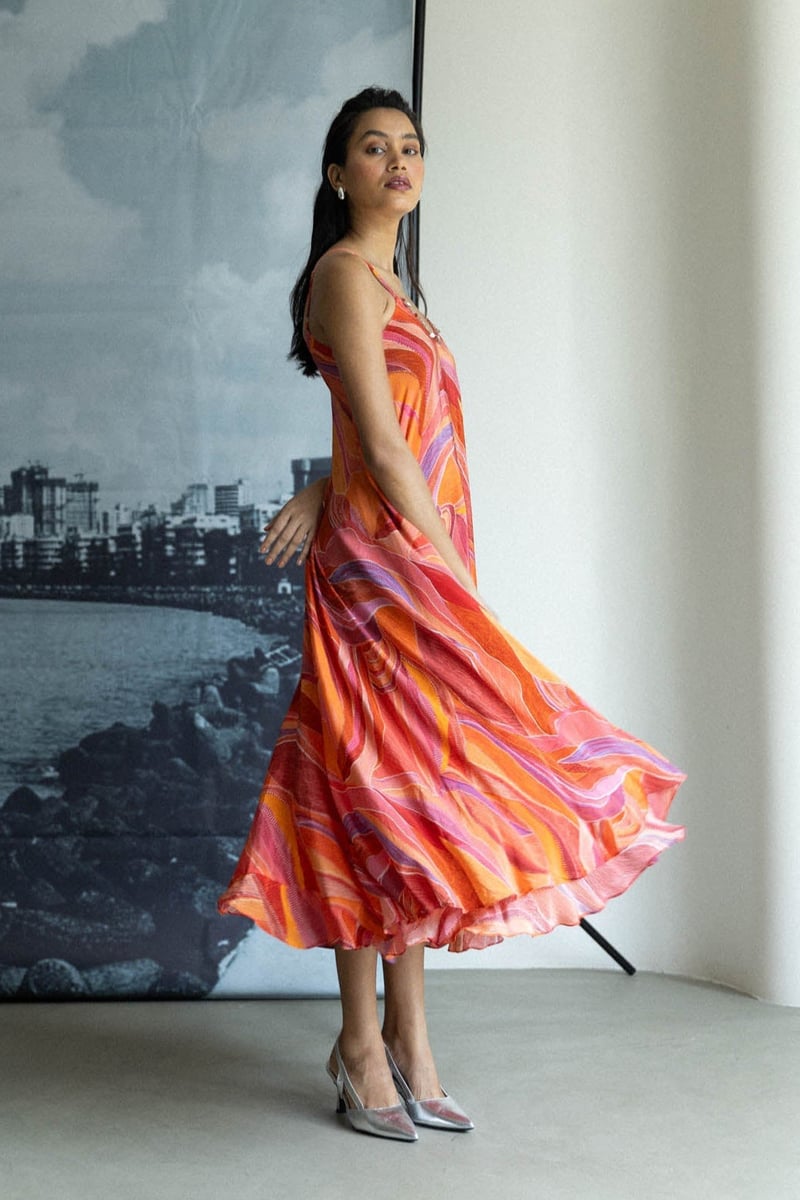 Orange/Multicolor Printed Strappy A-Line Midi Dress