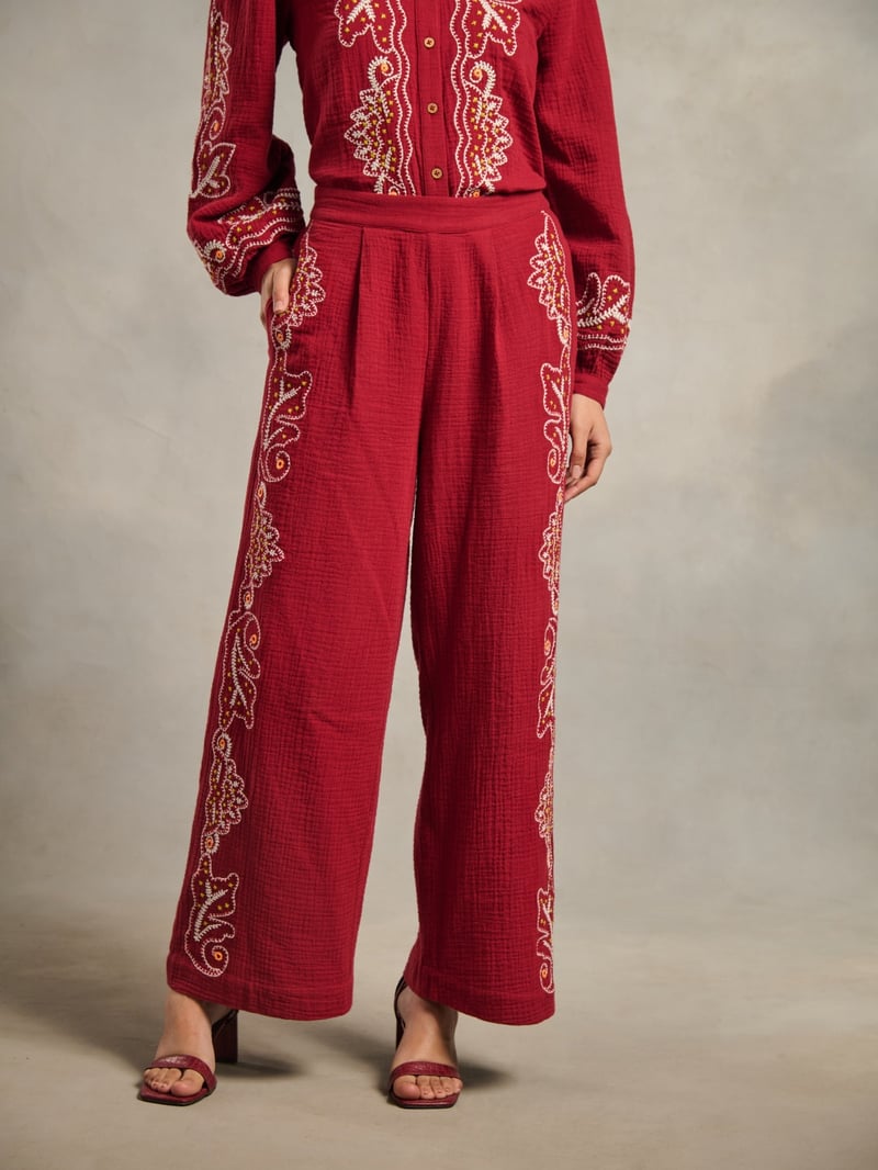 Maroon Embroidered Wide-Leg Cotton Trousers