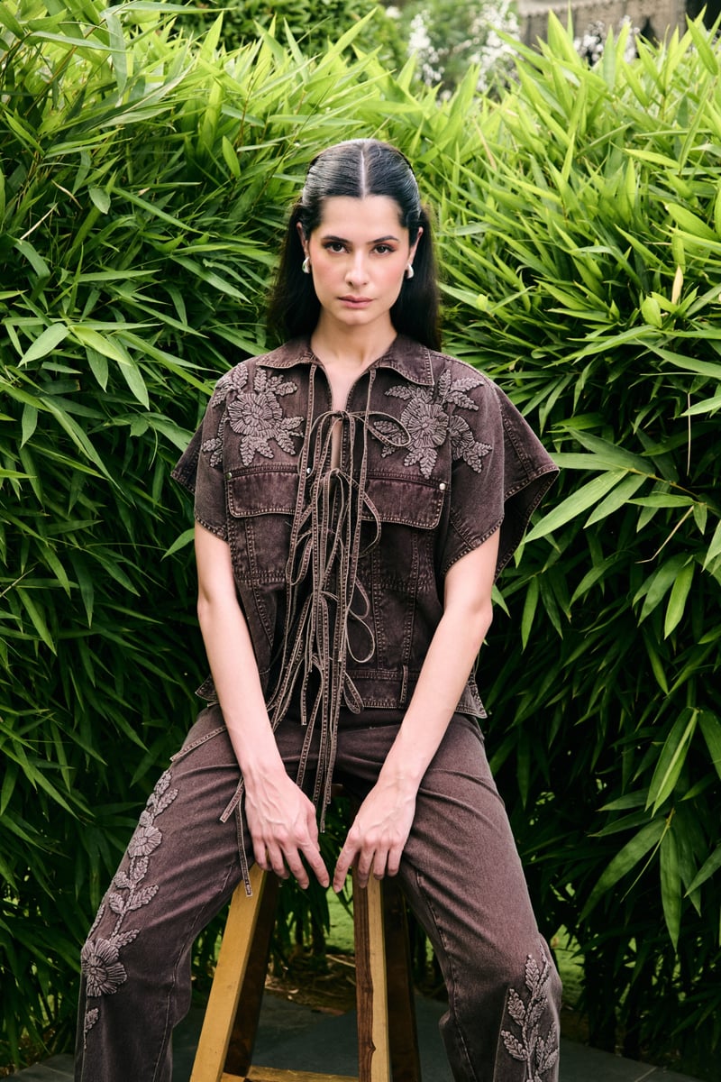 Brown Denim Embroidered Co-ord Set with Tie-Up Top
