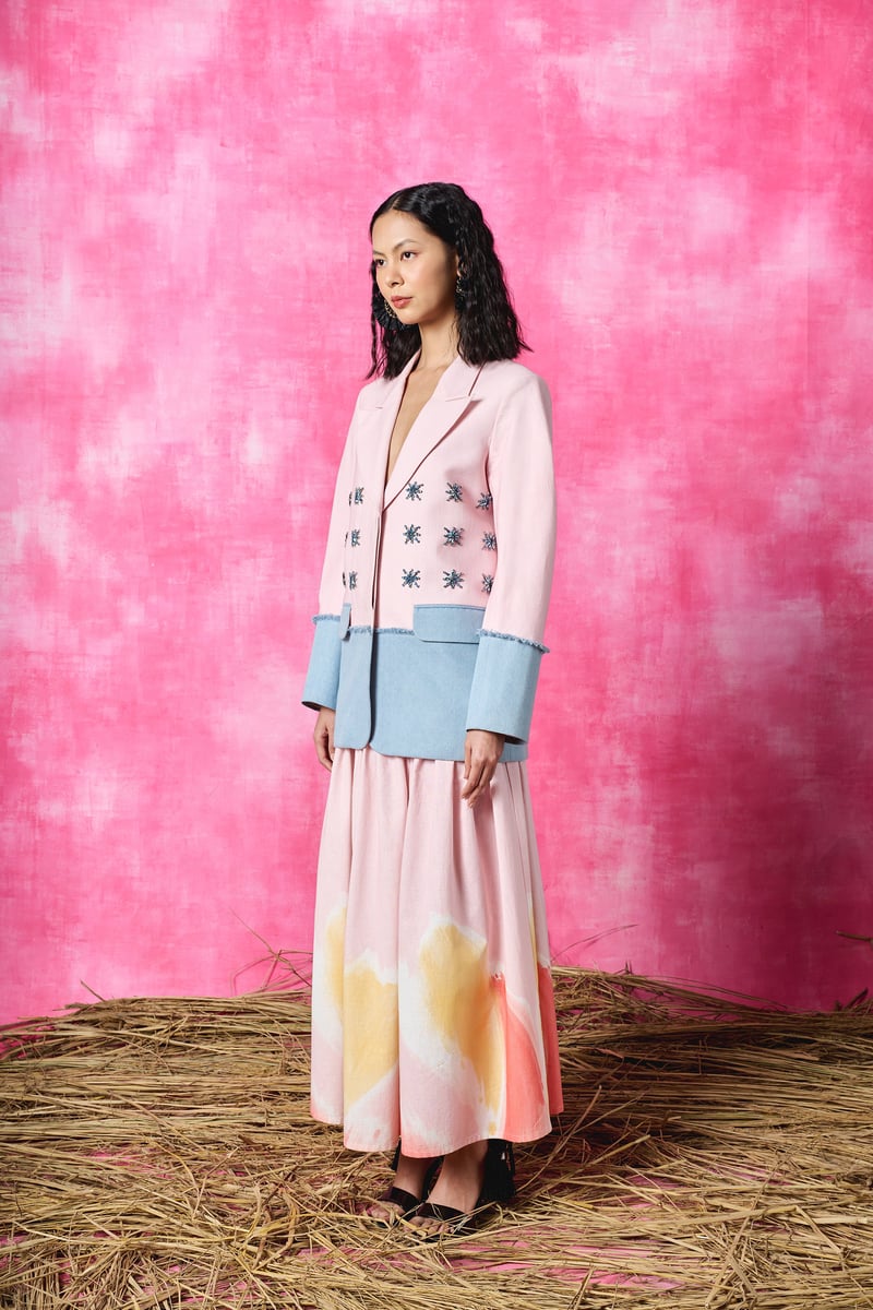 Pink Printed High-Waist Linen Midi Skirt