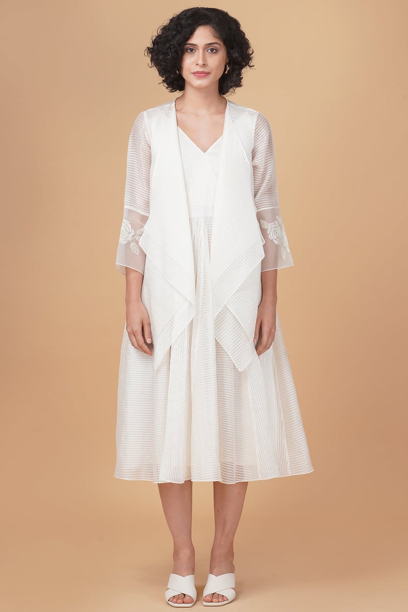 Ivory Stripe Organza Midi Dress and Draped Jacket Set — Arcvsh Pallavi Singh
